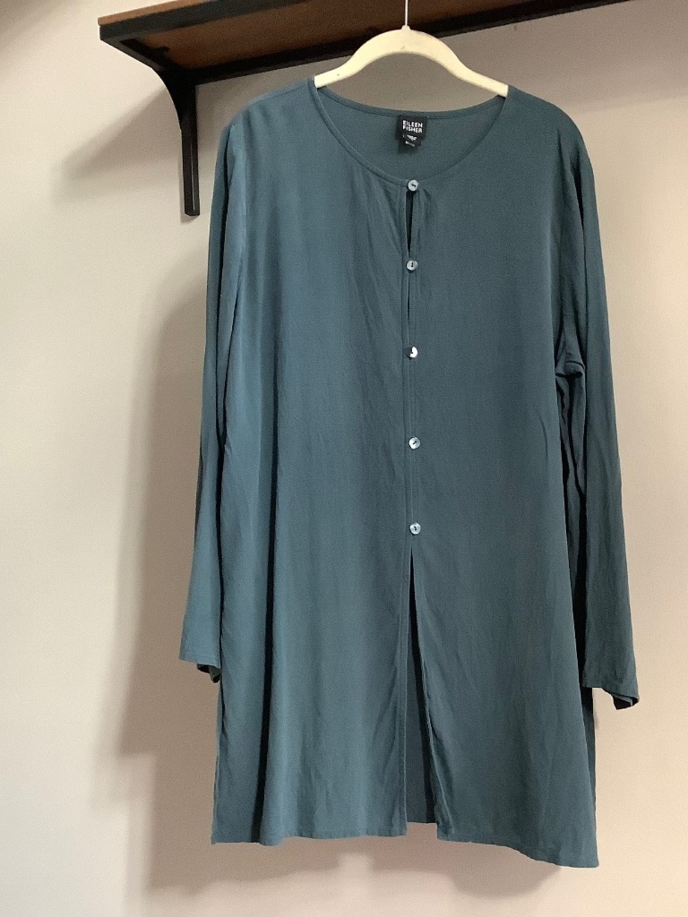 Eileen Fisher 100% Sea Blue Silk Button-Down Tunic with Side Slits Size Large